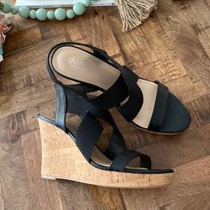 Black strappy, 4” wedges. Size 10.